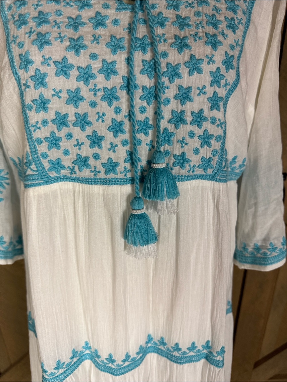 Soft Surroundings Juniper white gauze dress with aqua embroidery Size Small - Picture 10 of 16